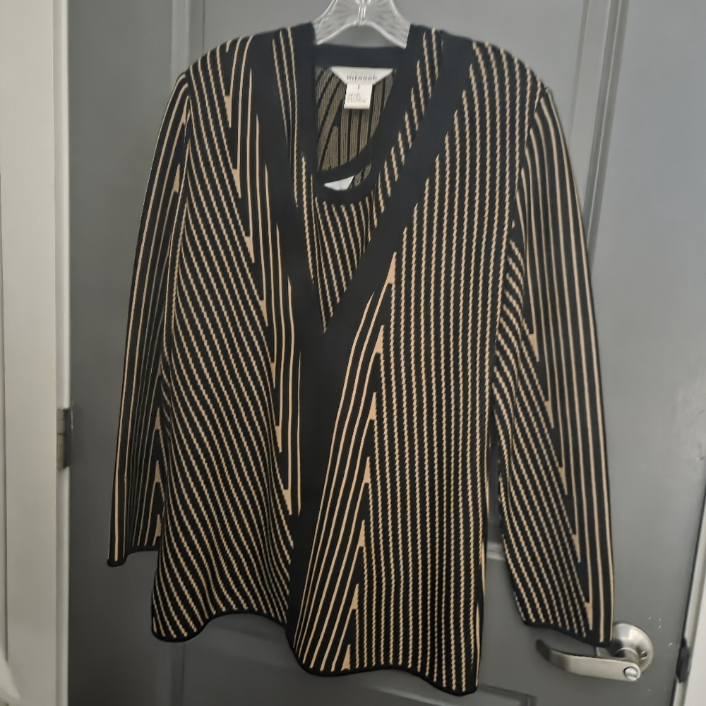 Misook Black and Beige Geometric Cardigan